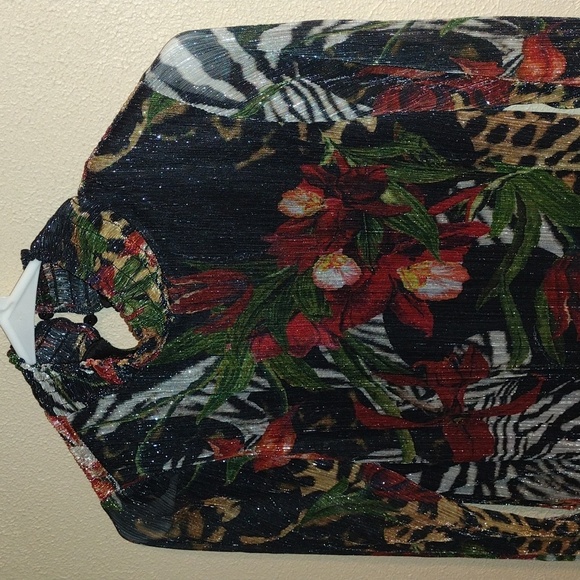Chico's Leopard Zebra Floral Print Mock Neck Metallic Crinkle Top 0/S - Picture 2 of 7